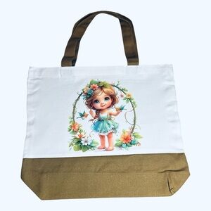 Large Canvas Tote Bag with Fairy Girl & Birds Art | Hand Pressed | 17”x14” | New